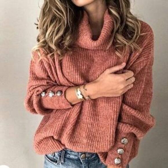 New Turtle Cowl Oversized Button Sleeves Sweater - Picture 3 of 8